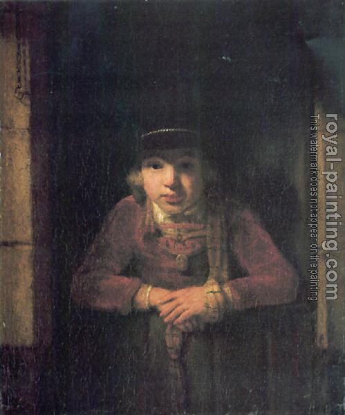 Samuel Van Hoogstraten : A Young Man Wearing a Hat decorated with a Gold Medallion in a Half-Door